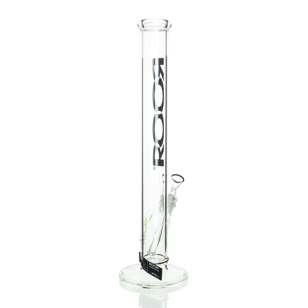 RooR 18in Straight Tube Black — 50x5mm thick glass bong with black label, alternate angle