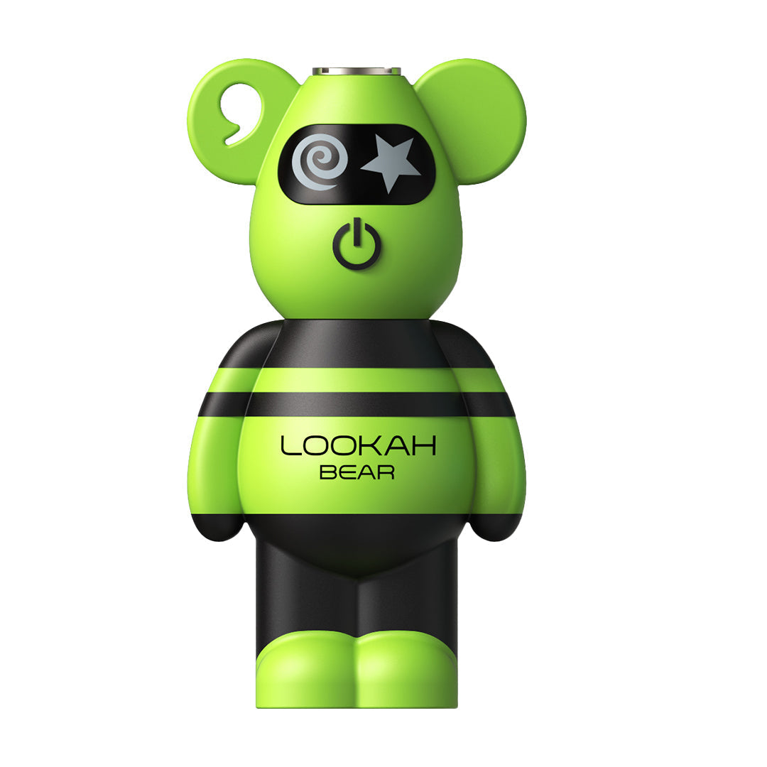 LOOKAH Bear 510 Battery in neon green with cartoon bear design, compatible with 510 cartridges and featuring 3 voltage settings for customizable vaping.