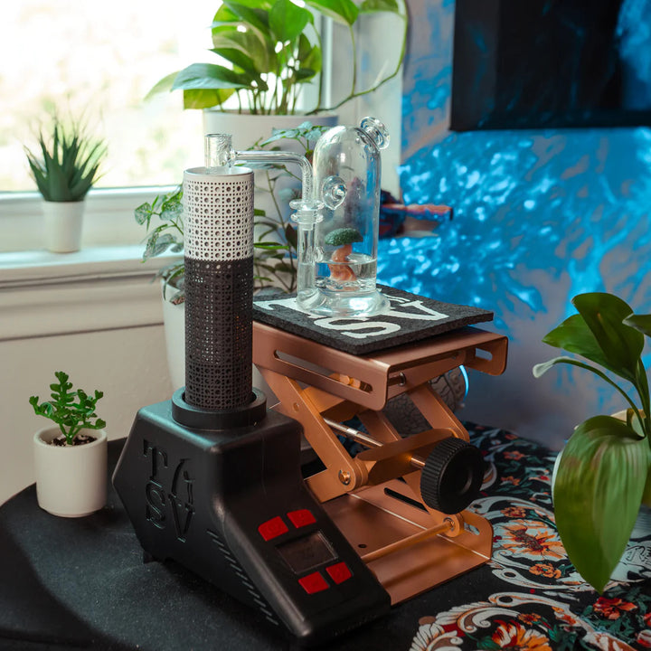 Terp Sous Vide Complete Kit displayed in a home setup with glass rig, gold lift, and digital torch surrounded by plants and decor.
