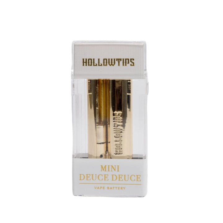 Hollowtips Mini Deuce Deuce Vape Battery in retail packaging, showcasing 24K gold finish and compact design, now 21% OFF.