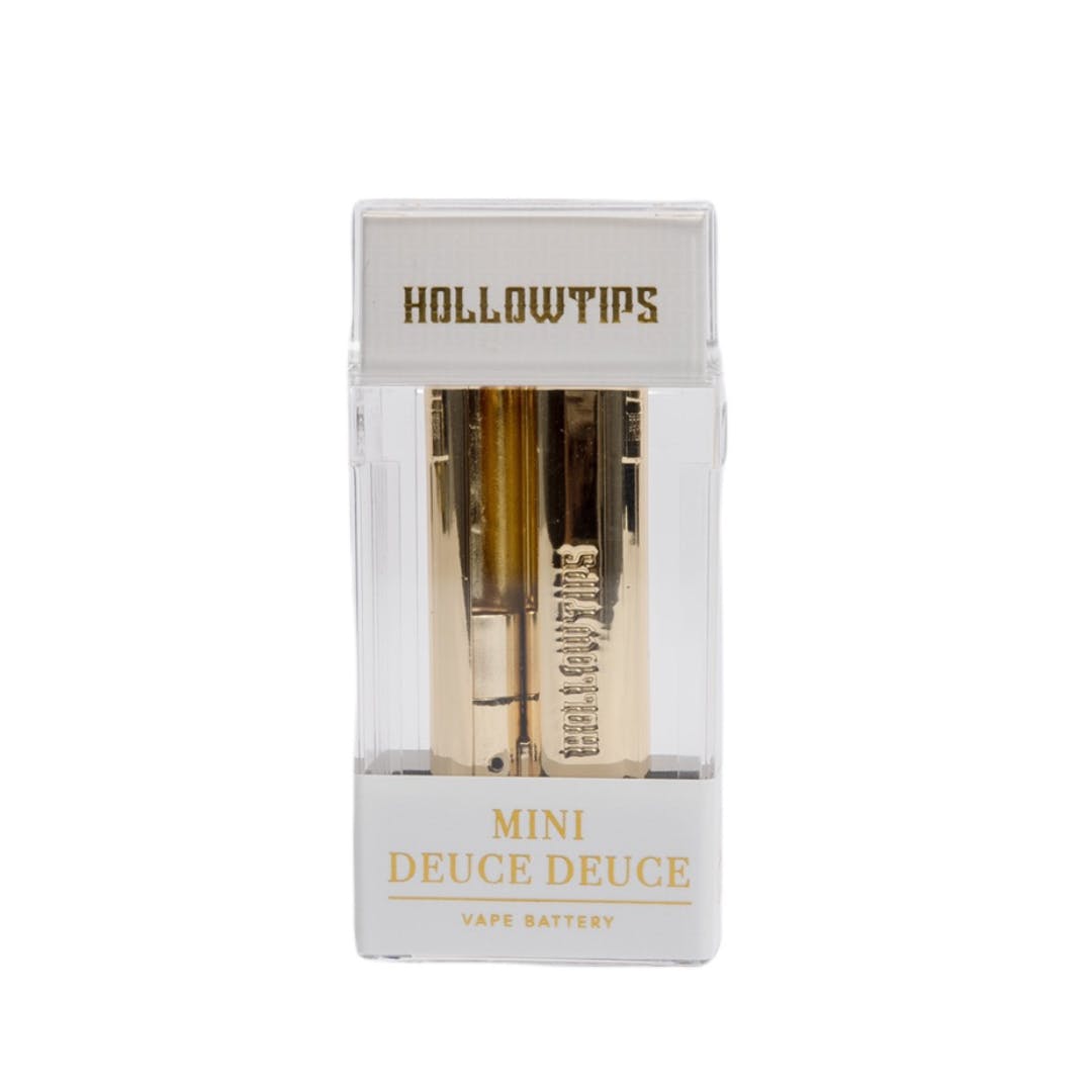 Hollowtips Mini Deuce Deuce Vape Battery in retail packaging, showcasing 24K gold finish and compact design, now 21% OFF.