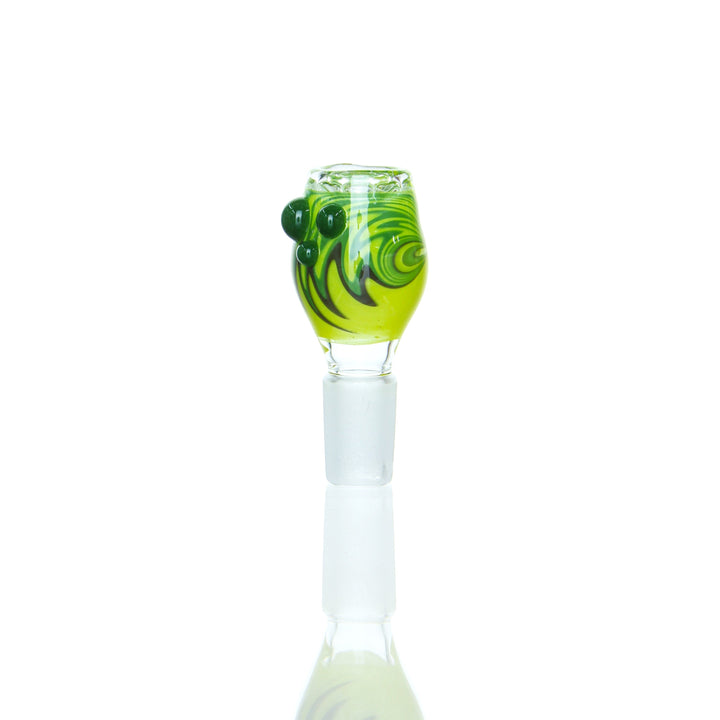 Ben Wilson - Worked Disc Screen Slide in neon green with dark green swirl and marbles, handblown glass accessory for smoking devices.