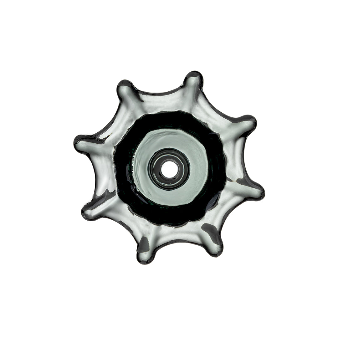 Top-down shot of MJ Arsenal Spiderweb Flower Bowl showing 14mm male joint and etched details