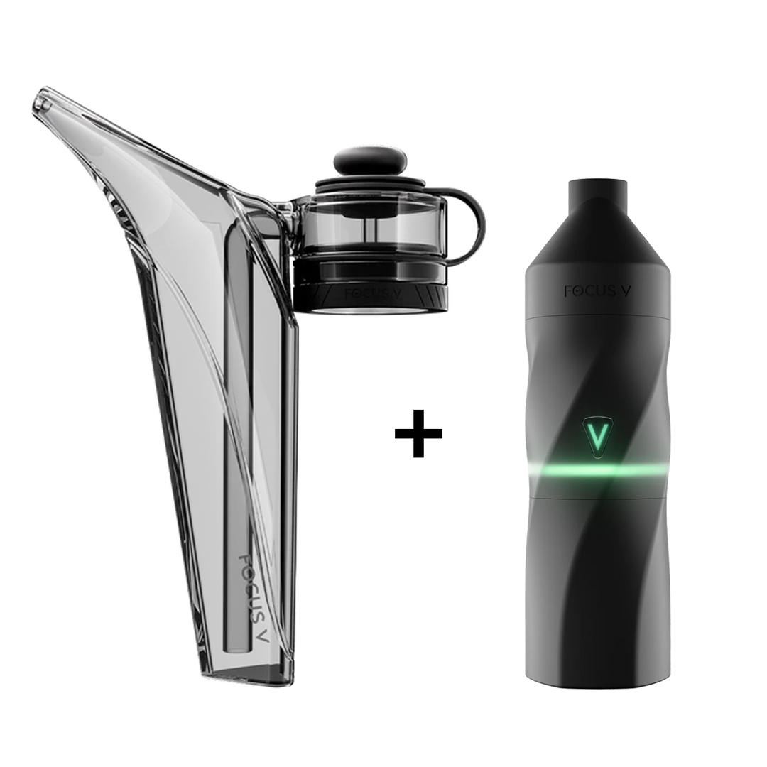 Focus V Aeris Bubbler in smoke grey glass beside a black Aeris vaporizer with a green lit V logo, sold together as a bundle