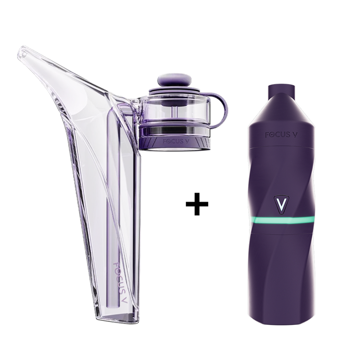 Focus V Aeris Bubbler in purple glass beside a grape Aeris vaporizer with a mint lit V logo, sold together as a bundle