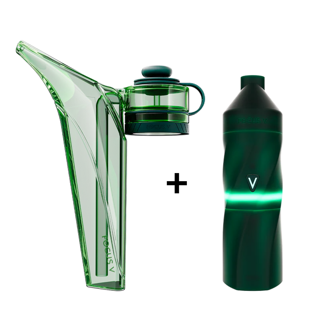 Focus V Aeris Bubbler in green glass beside a jade Aeris vaporizer with a green lit V logo, sold together as a bundle