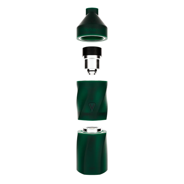 Focus V Aeris Jade Green – exploded layout showing chamber, mouthpiece, and removable battery system.