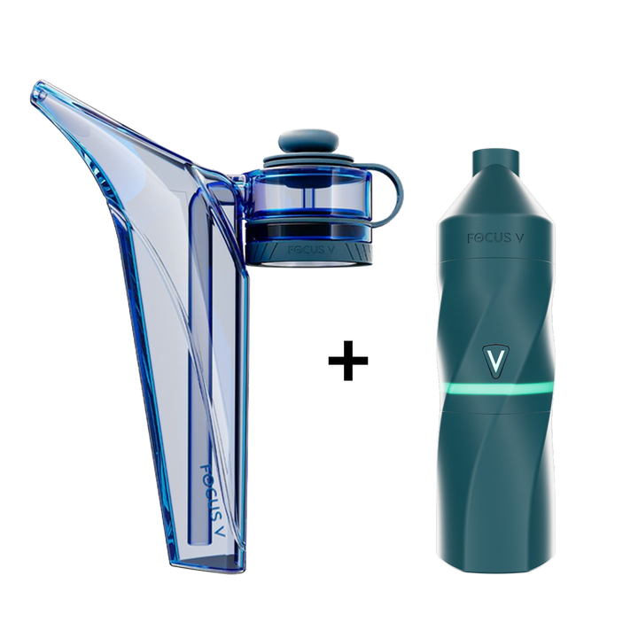 Focus V Aeris Bubbler in blue glass beside a midnight teal Aeris vaporizer with a mint lit V logo, sold together as a bundle