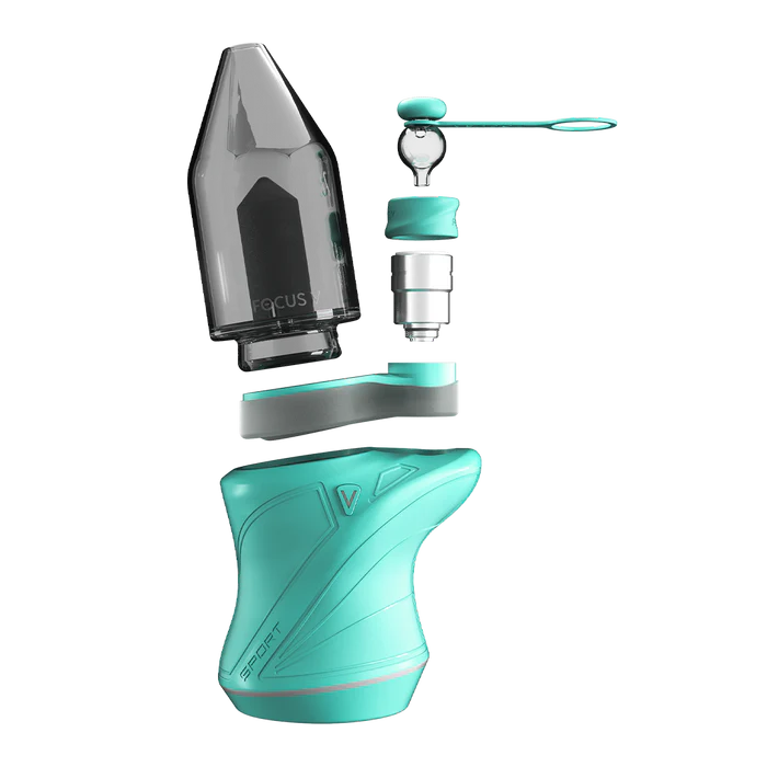 Focus V CARTA Sport in teal with exploded component layout, showing chamber, cap, and internal structure