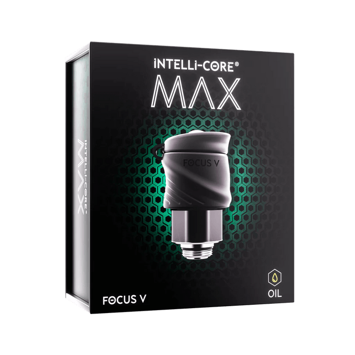 Retail packaging of Focus V Intelli Core Max Atomizer featuring hexagon design and oil compatibility