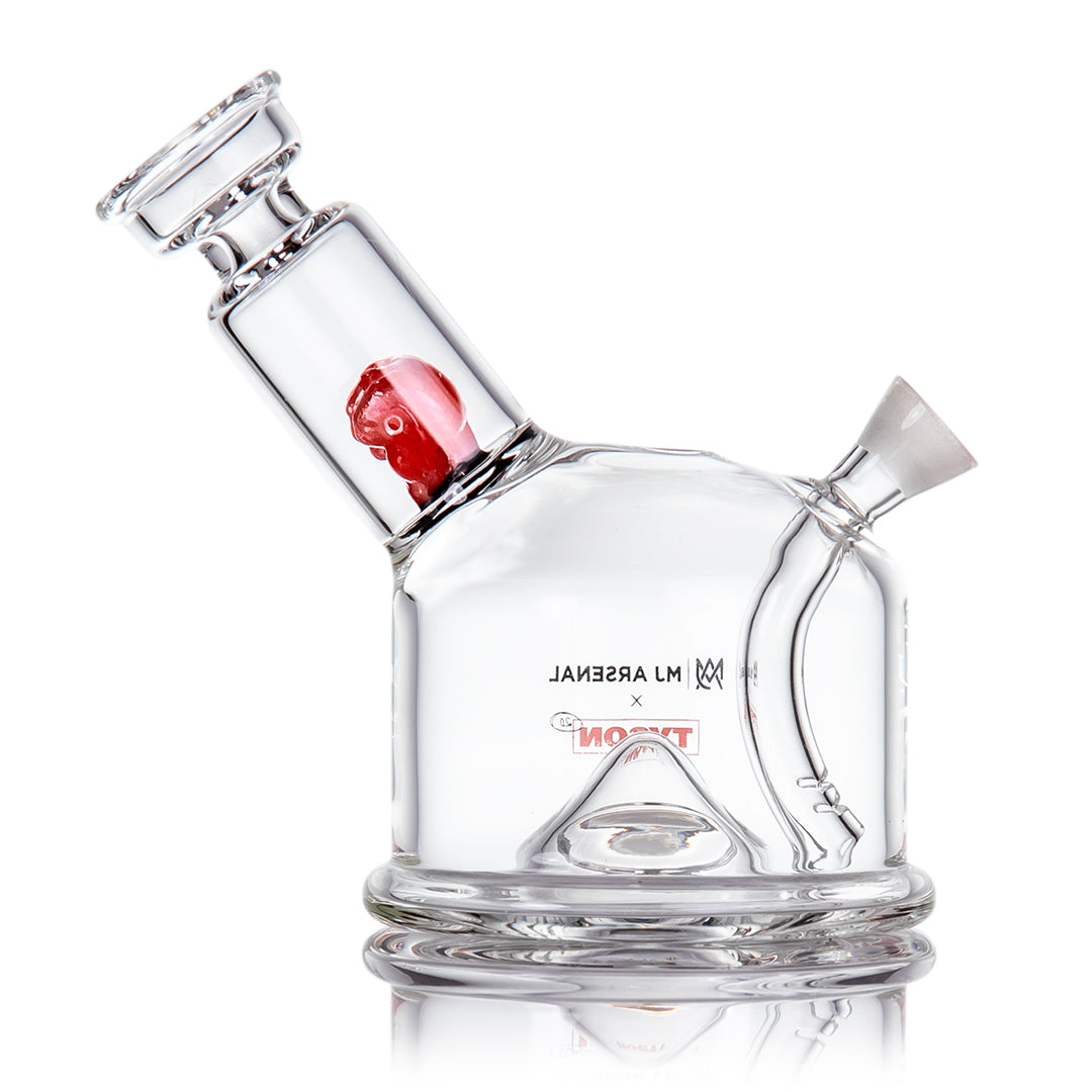 Side view of MJ Arsenal Tyson 2.0 Punch-Out Blunt Bubbler with encased red boxing glove centerpiece