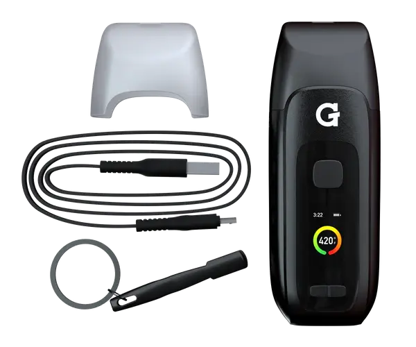 G Pen Dash+ Vaporizer – black model shown with USB-C cable, cleaning tool, and charger accessories.