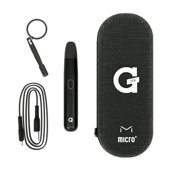 G Pen Micro+ Black kit – vaporizer, tank, mouthpiece, USB-C cable, tool, and hemp travel case laid out.