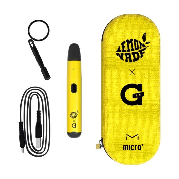 G Pen Micro+ x Lemonnade kit – vaporizer, tank, mouthpiece, USB-C cable, tool, and yellow hemp travel case laid out.