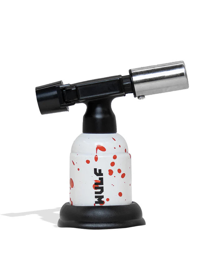 Wulf Mods Blast Torch – White with Red Splatter design, free-standing 1,300°F butane torch with adjustable flame.