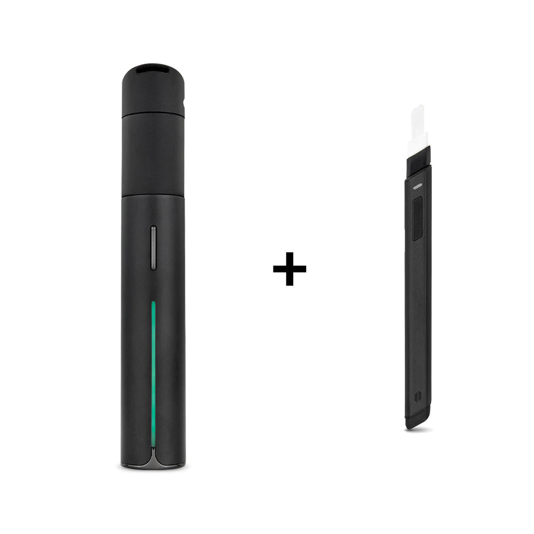 Angie’s Boutique Exclusive: The Pivot Precision Pack Bundle featuring Puffco Pivot smart dab rig and Hot Knife tool in sleek black design.