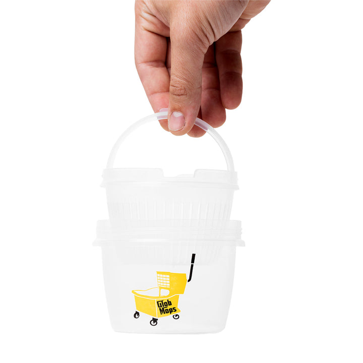 Glob Mops round mop bucket in use with hand lifting strainer basket from isopropyl alcohol