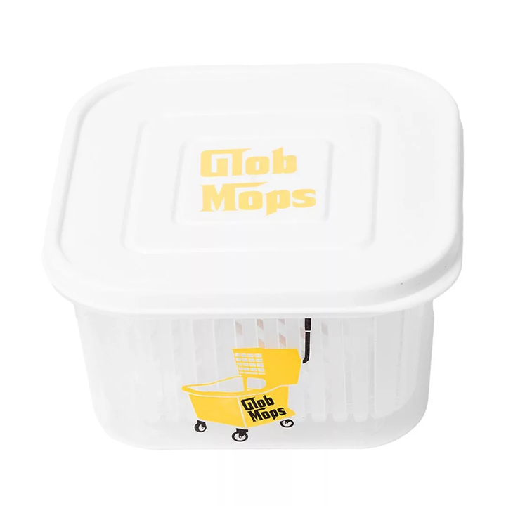 Glob Mops round iso dunk bucket components laid out showing bucket, basket, lid, and cleaning workflow