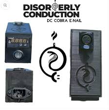 Multiple views of the Disorderly Conduction - Cobra 3D Printed E-Nail, showcasing its compact design and compatibility with DC coils.