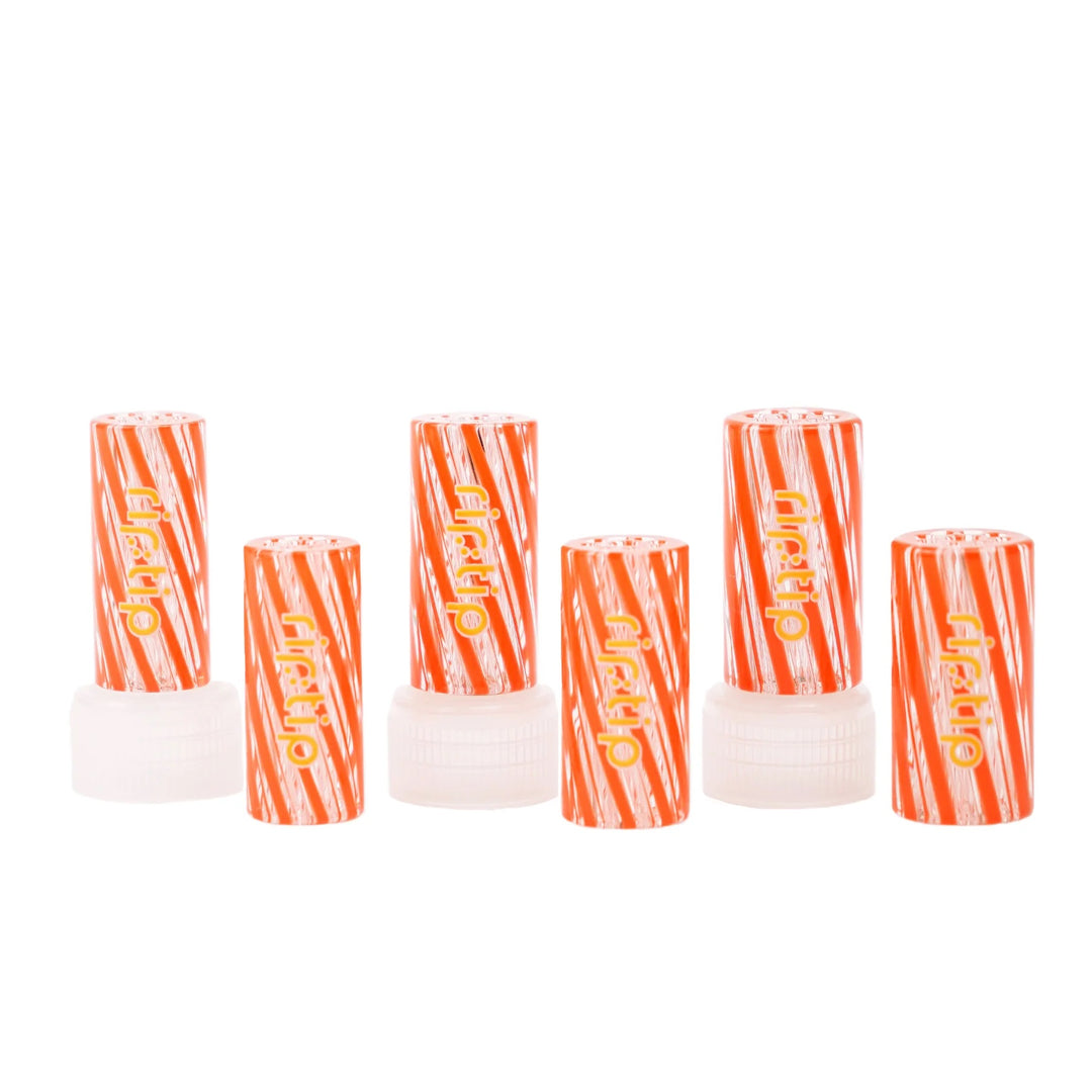 Lava Gordo Scientific Rip Tips with yellow logo, reusable glass filter tips for joints, displayed upright on white caps.