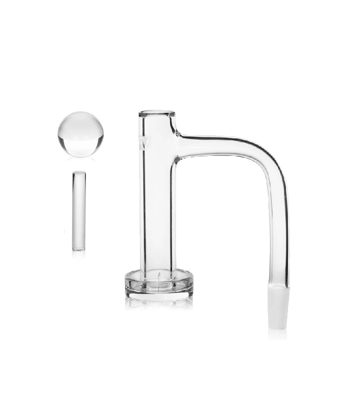 GRAV Control Tower quartz banger set, 10mm 90° male, showing the elongated tower bucket with 20mm quartz marble and terp pillar insert