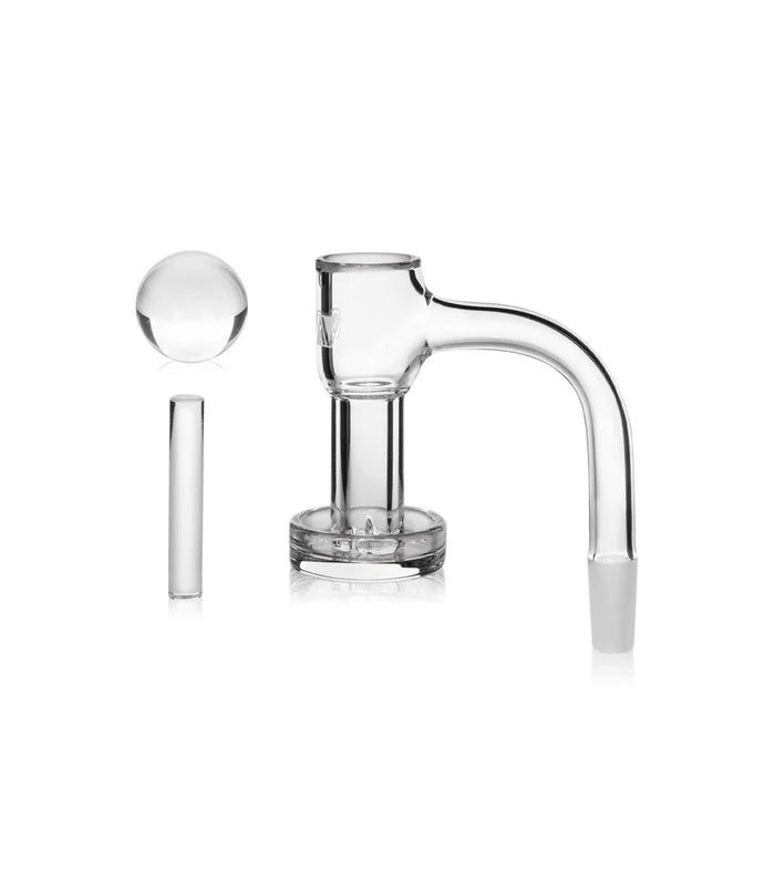 GRAV Slurper quartz bucket set, 10mm 90° male, showing the dual-cylinder slurper body with 20mm quartz marble and terp pillar insert