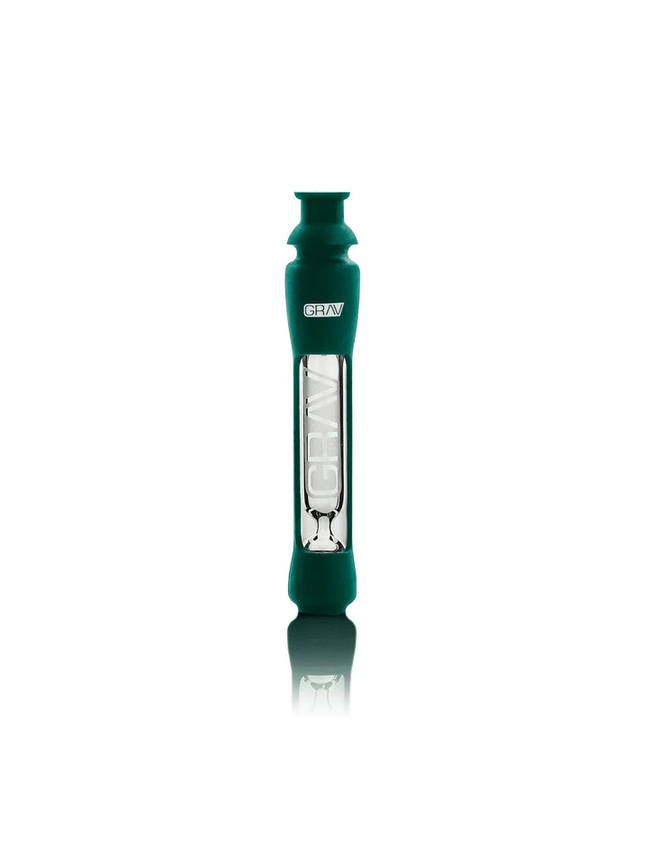 GRAV 12mm Taster in dark teal silicone skin, pre-packable glass one-hitter.