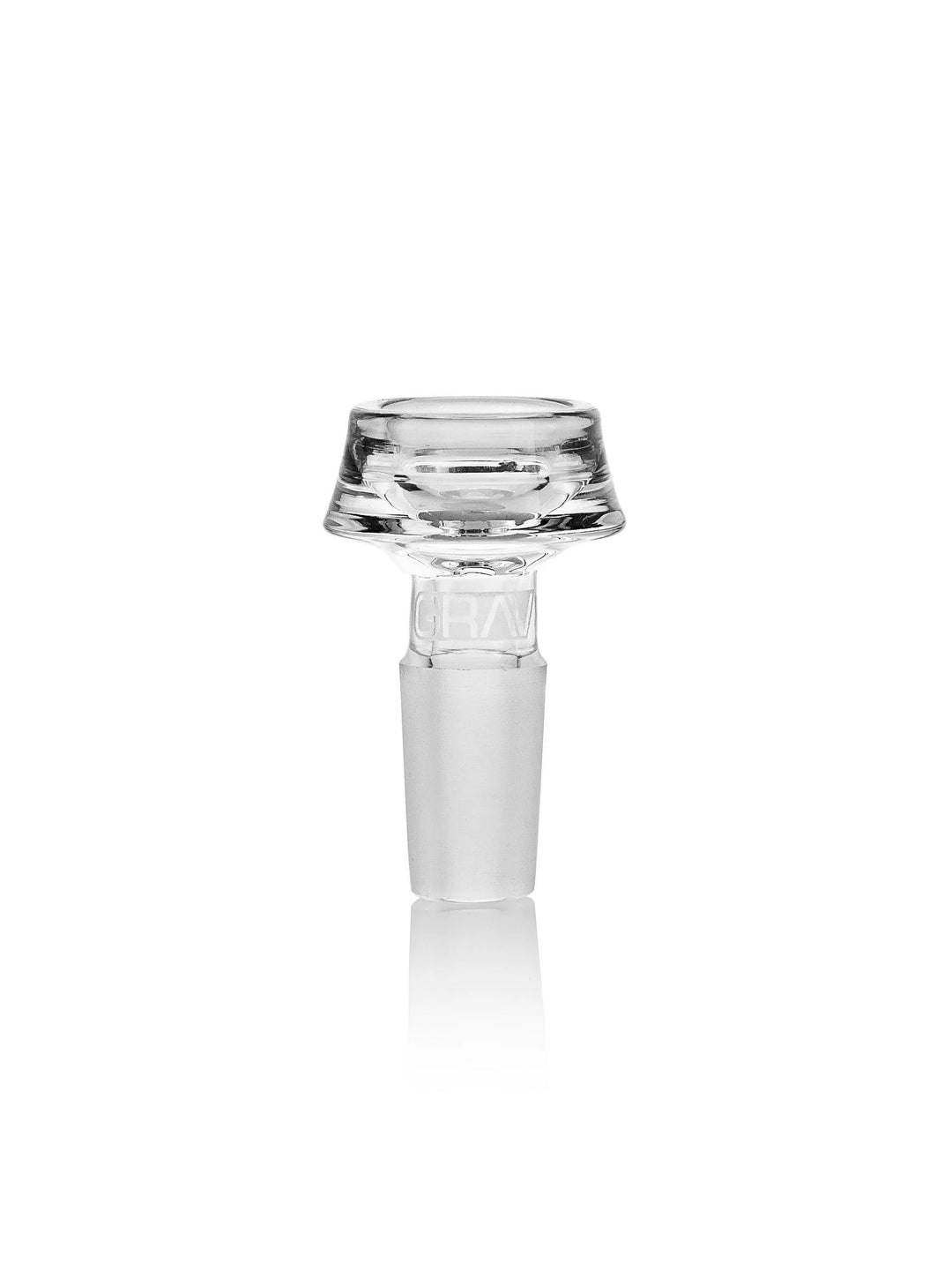 GRAV Caldera Bowl in clear — large-capacity 14mm male glass slide holding half a gram of flower, with a wide sculptural profile.