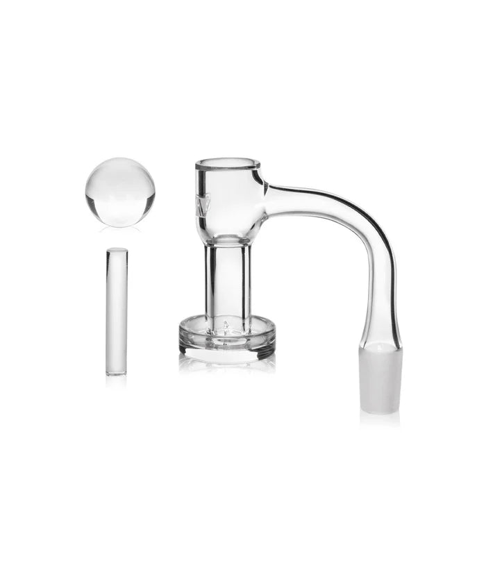 GRAV Slurper quartz bucket set, 14mm 90° male, dual-cylinder low-temp banger with 20mm marble and terp pillar
