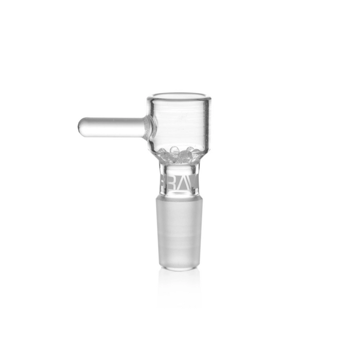GRAV Octobowl – 14mm male clear borosilicate slide with built-in six-tentacle glass screen and side pull arm.