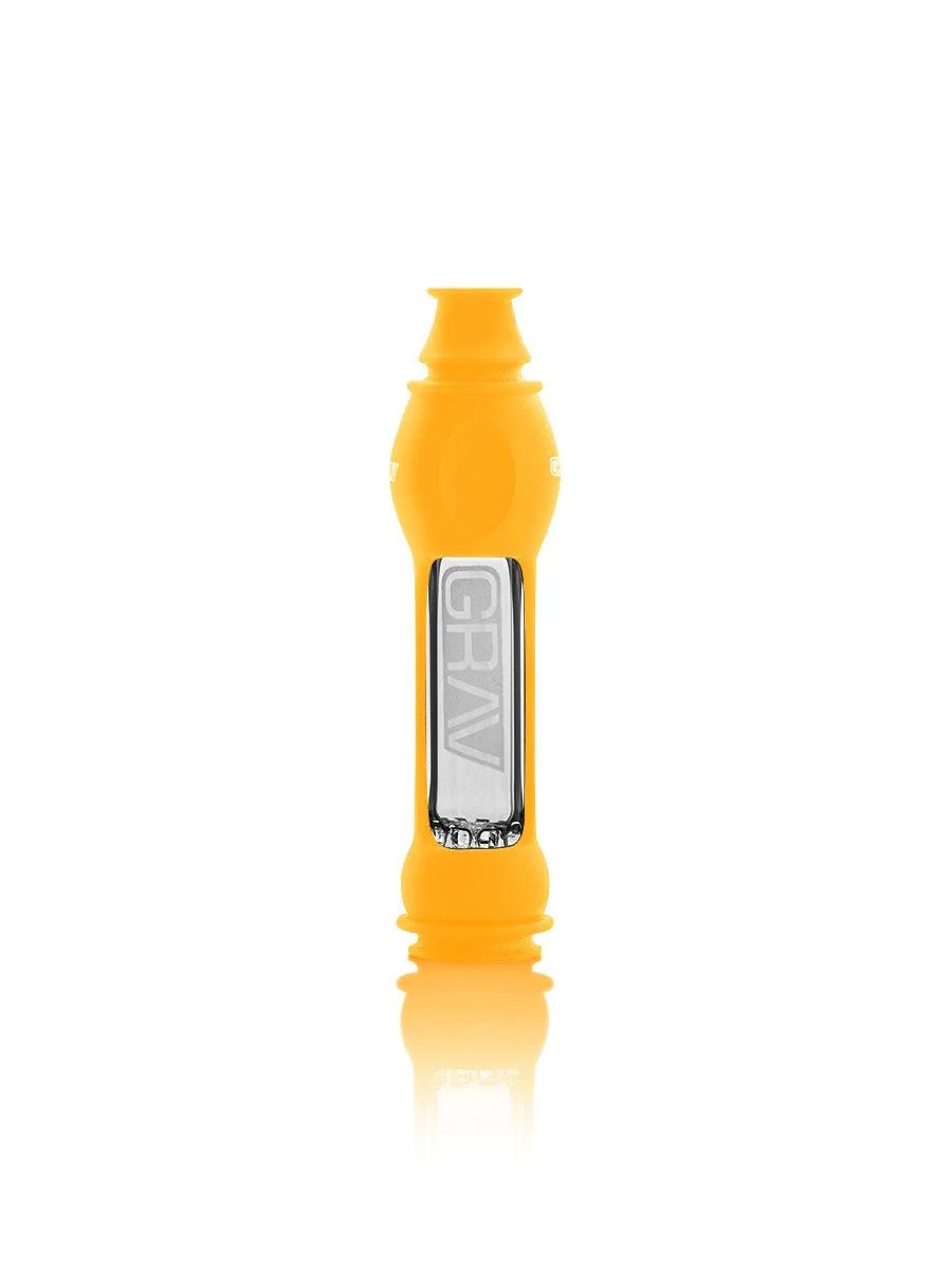 GRAV 16mm OctoTaster in Mustard silicone skin, one-hitter with pinched mouthpiece.