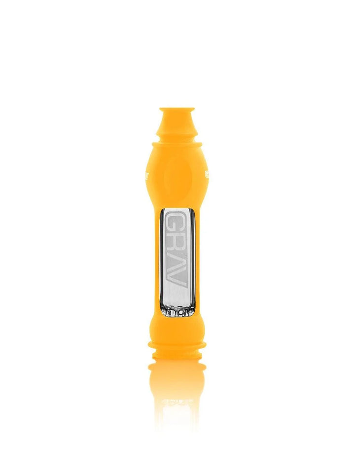 GRAV 16mm OctoTaster in Mustard silicone skin, one-hitter with pinched mouthpiece.