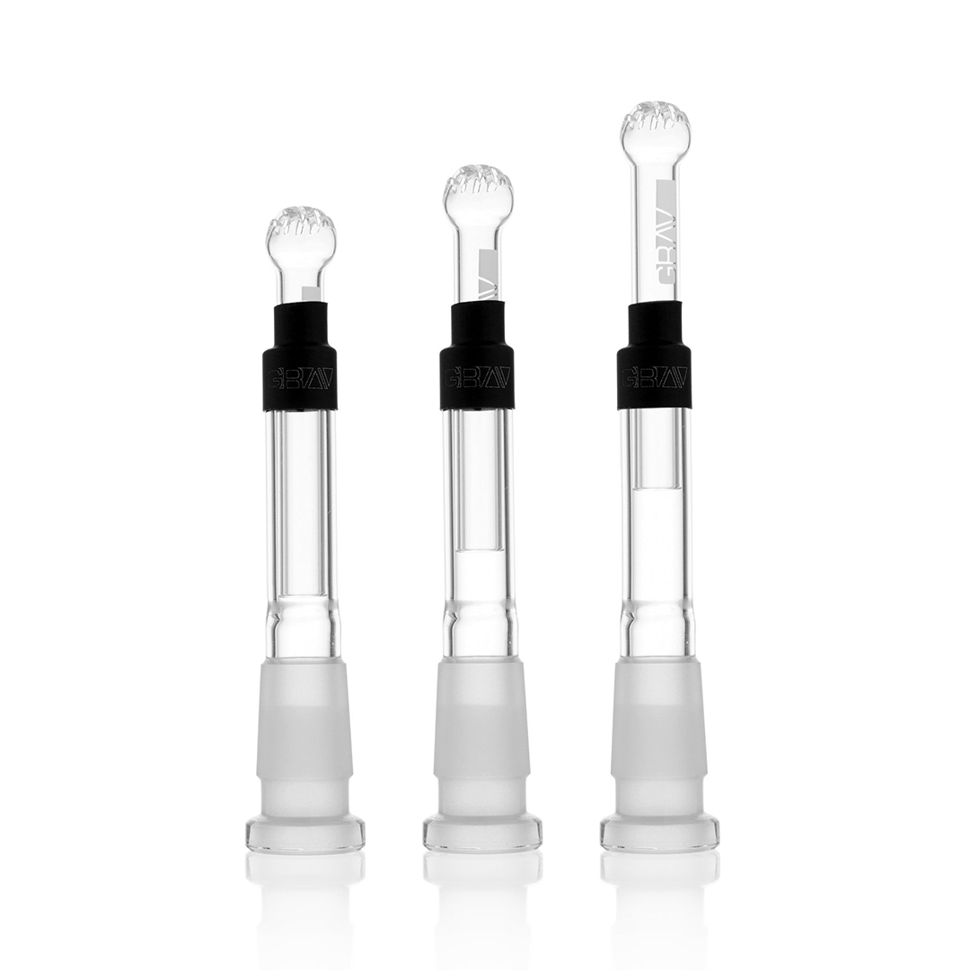 Grav - Adjustable Downstem with 14mm joint, shown in three extended lengths from 4 to 6 inches for customizable water pipe compatibility.