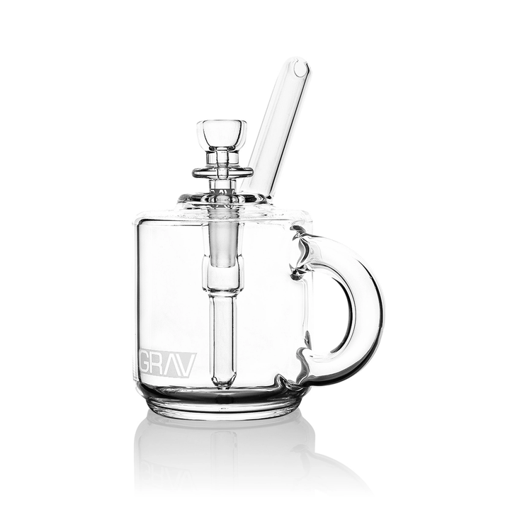 GRAV Coffee Mug Pocket Bubbler in clear — miniature borosilicate glass mug bubbler with a glass handle and angled mouthpiece, front left angle.