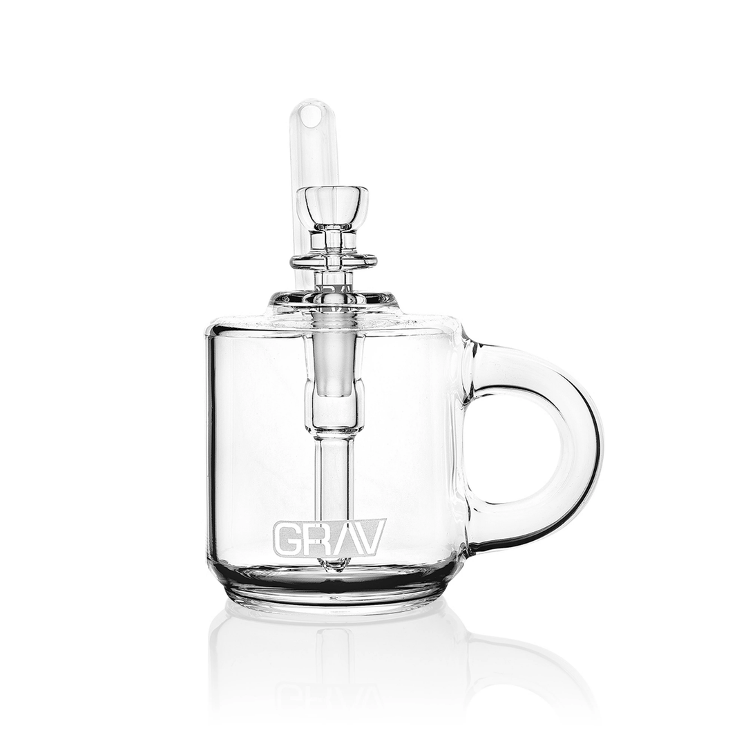 GRAV Coffee Mug Pocket Bubbler in clear — front view showing the two-hole percolator downstem and 10mm cup bowl seated in the joint.