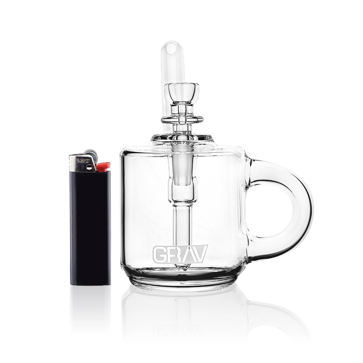 GRAV Coffee Mug Pocket Bubbler size comparison next to a standard Bic lighter — the mug body stands roughly as tall as the lighter.