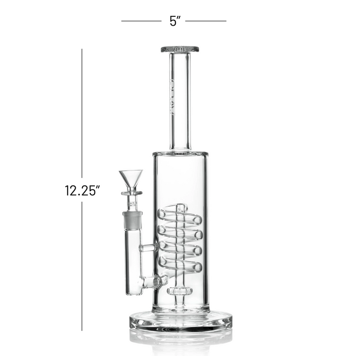 GRAV Coil Showerhead Water Pipe dimensions diagram – 12.25 inches tall by 5 inches wide, showing the coil perc and disc base.