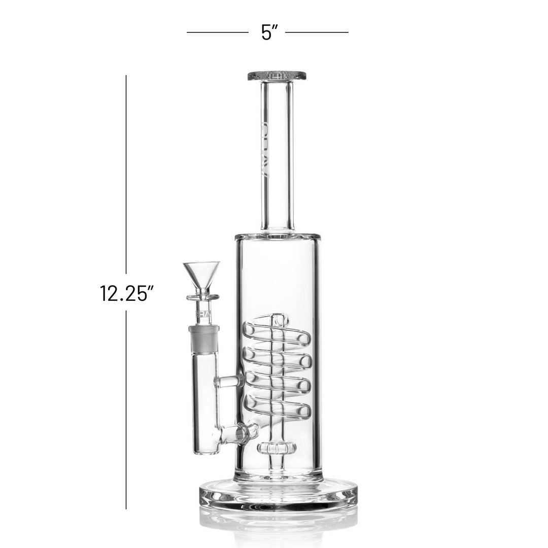 GRAV Coil Showerhead Water Pipe dimensions diagram – 12.25 inches tall by 5 inches wide, showing the coil perc and disc base.