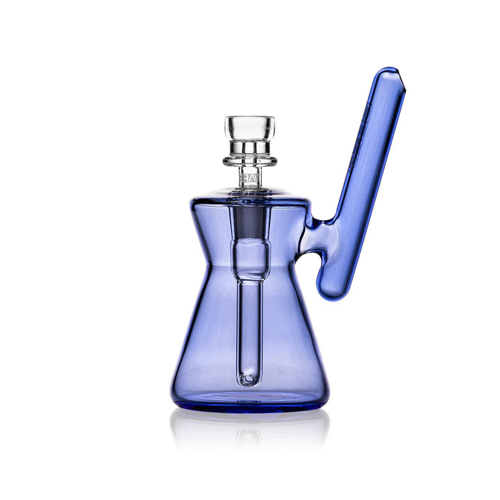 GRAV Hourglass Pocket Bubbler in Light Cobalt – blue accented mini glass bubbler, front view.