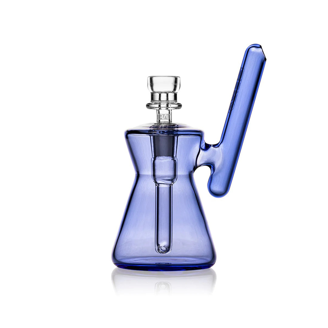 GRAV Hourglass Pocket Bubbler in Light Cobalt – blue accented mini glass bubbler, front view.