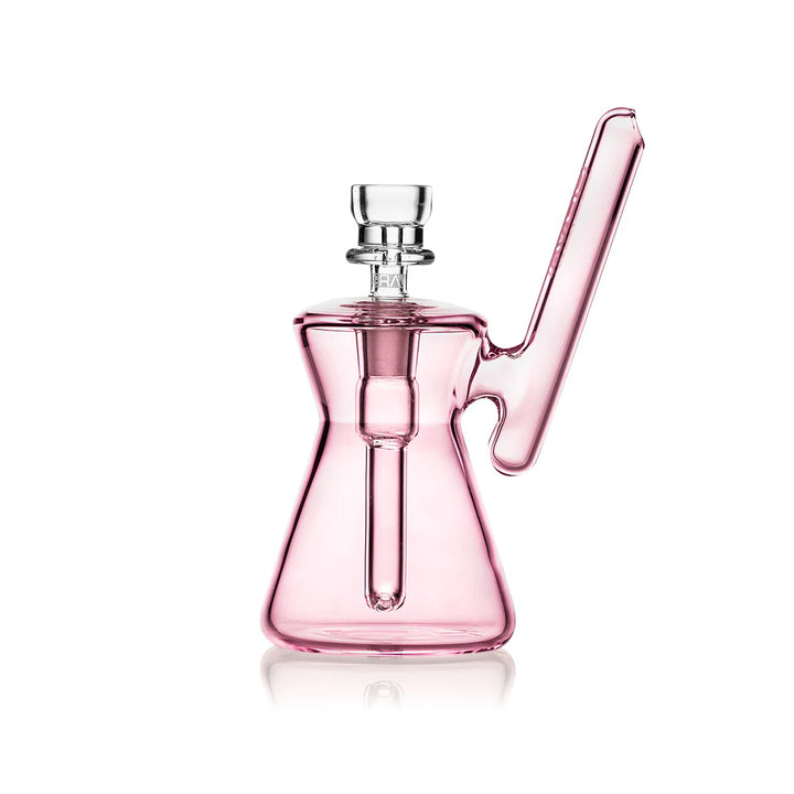 GRAV Hourglass Pocket Bubbler in Pink – pink accented mini glass bubbler, front view.