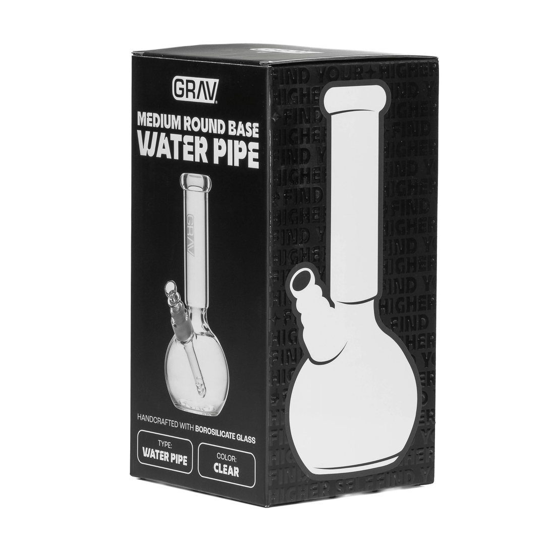 Front of the GRAV Medium Round Base Bong retail packaging