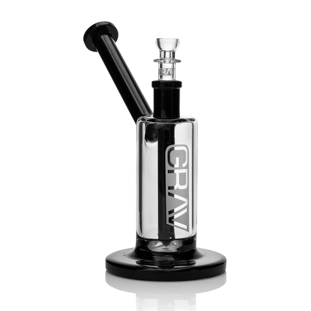 GRAV Medium Upright Bubbler in Black Accents — 7 inch borosilicate water pipe with clear chamber, black base and angled 45° mouthpiece, front right angle.