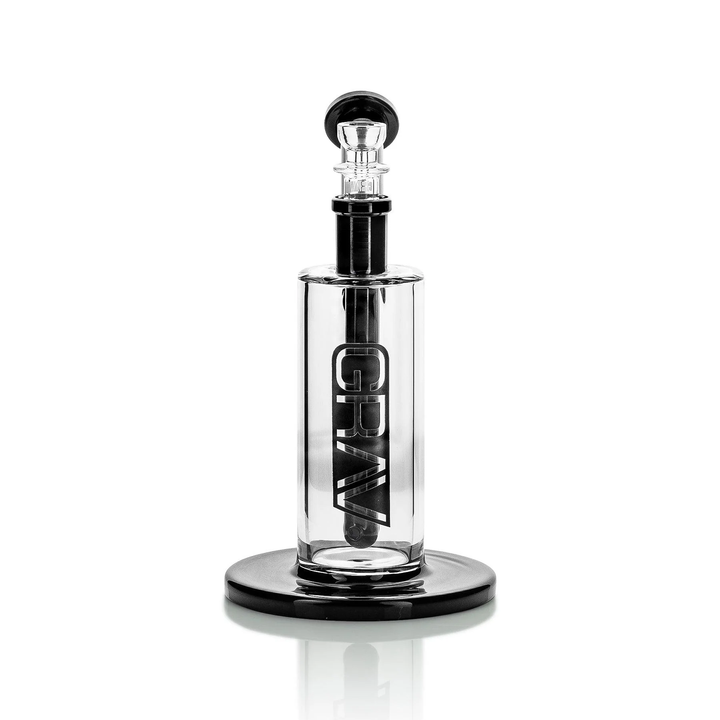 GRAV Medium Upright Bubbler in Black Accents — front view showing the clear water chamber, black GRAV logo panel and included 14mm cup bowl.