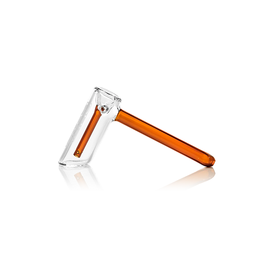 GRAV Mini Hammer Bubbler in amber glass with two-hole fission downstem, side view.