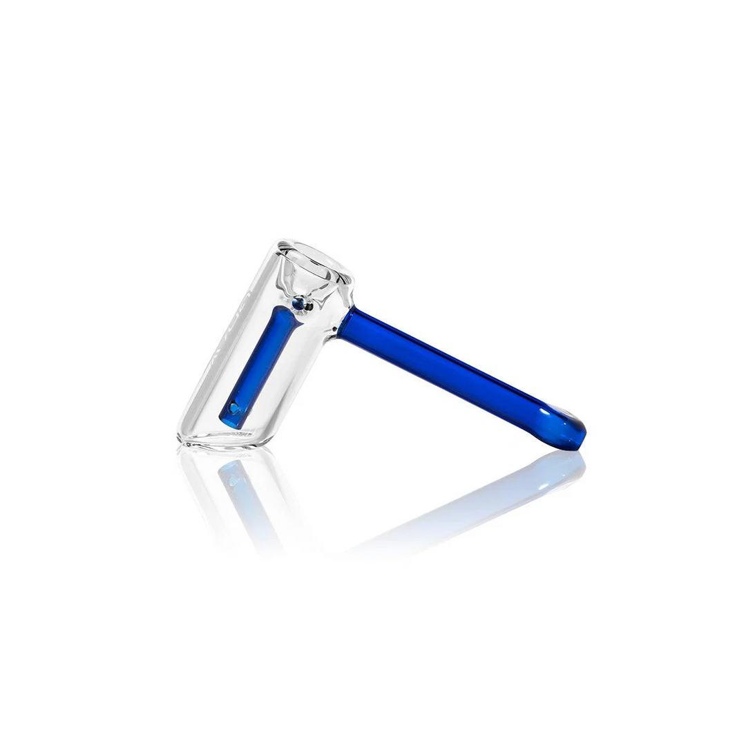 GRAV Mini Hammer Bubbler in blue glass with sandblasted GRAV logo and left-side carb, side view.