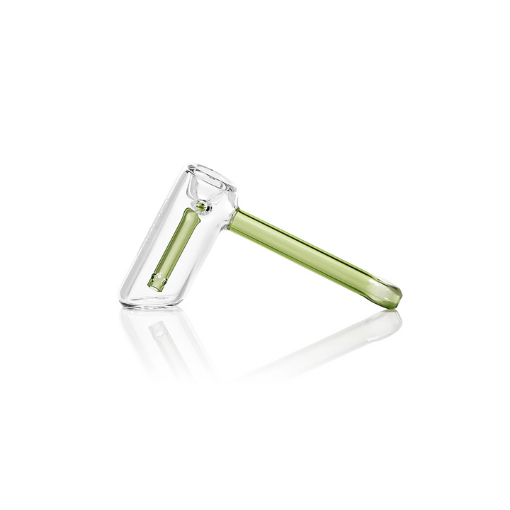 GRAV Mini Hammer Bubbler in green glass with fixed single-hole bowl and standing base, side view.