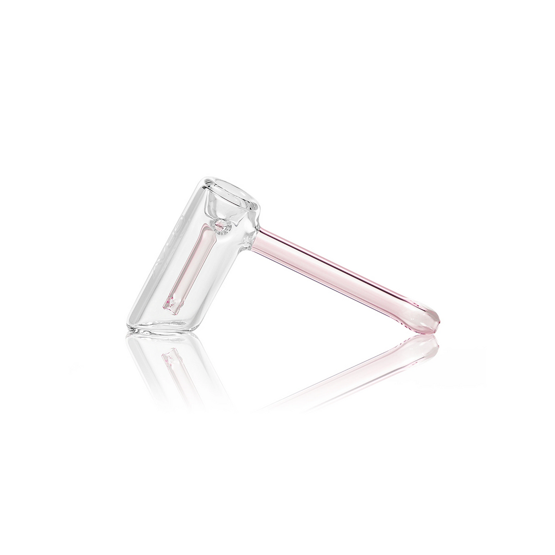 GRAV Mini Hammer Bubbler in pink glass with fused fission downstem and 32mm can base, side view.