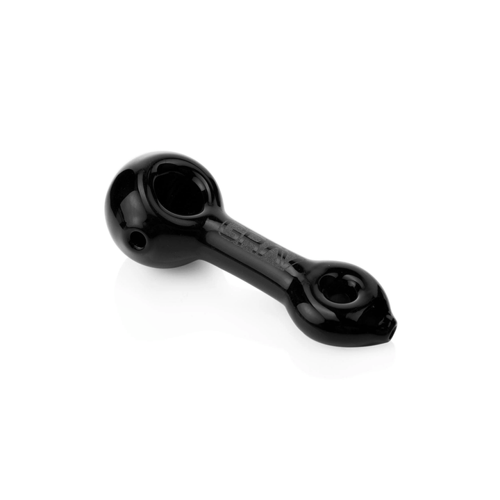 GRAV Mini Spoon in black glass with sandblasted GRAV logo, side view.