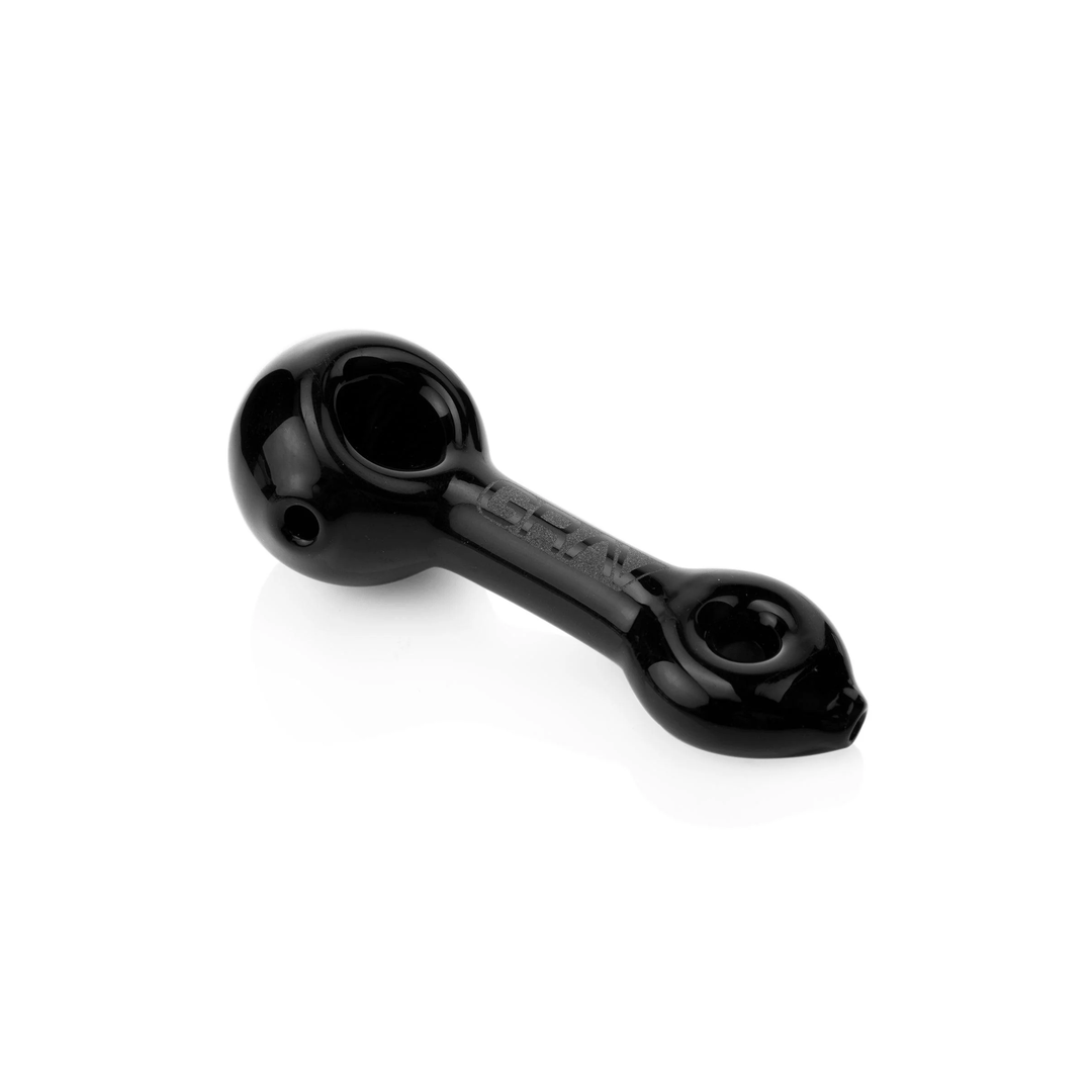 GRAV Mini Spoon in black glass with sandblasted GRAV logo, side view.